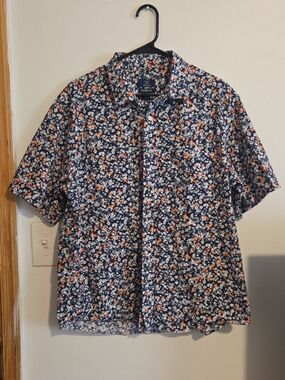 George Navy Short-Sleeve Floral Button-Up with Orange & White Blooms